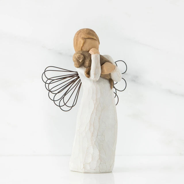 Willow Tree® Angel figurine faceless holding brown puppy to her face - wings are wire