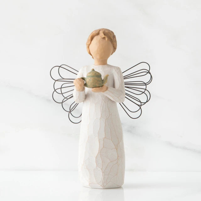 Willow Tree® Faceless angel figurine with black wire wings dressed in white holding teapot