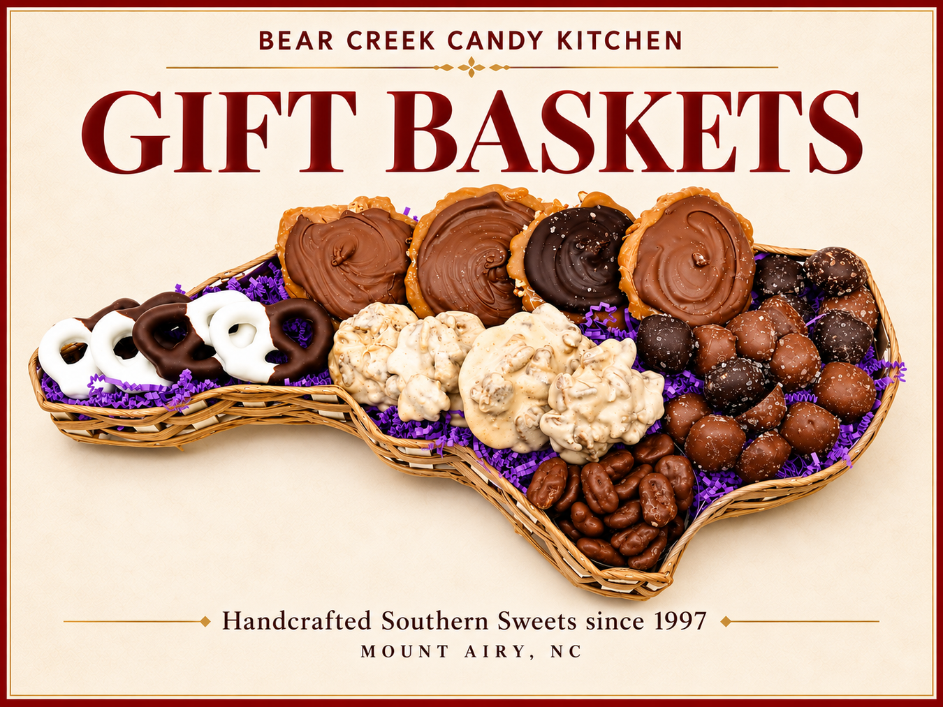 Gift baskets — North Carolina shaped Southern sweets gift tray from Bear Creek Candy Kitchen
