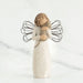 Willow Tree® Faceless angel figurine facing forward holding grey cat wearing white dress and black wire wings