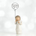 Willow Tree® Small faceless girl figurine in white dress holding 'miss you' black wire balloon