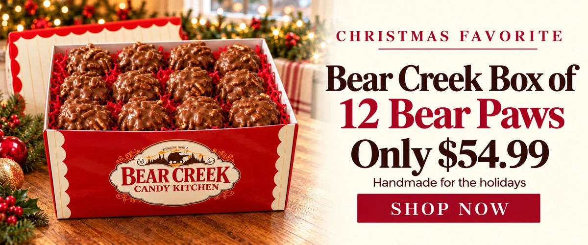 Christmas favorite: Bear Creek Box of 12 Milk Chocolate Bear Paws in the red-and-cream Bear Creek gift box, only $54.99. Handmade for the holidays. Shop now.