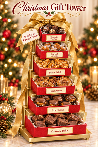 Bear Creek Candy Kitchen Christmas gift tower showing six open red-and-gold boxes containing chocolate truffles, sea-salt caramels, peanut brittle, pecan pralines, pecan turtles, and chocolate fudge.