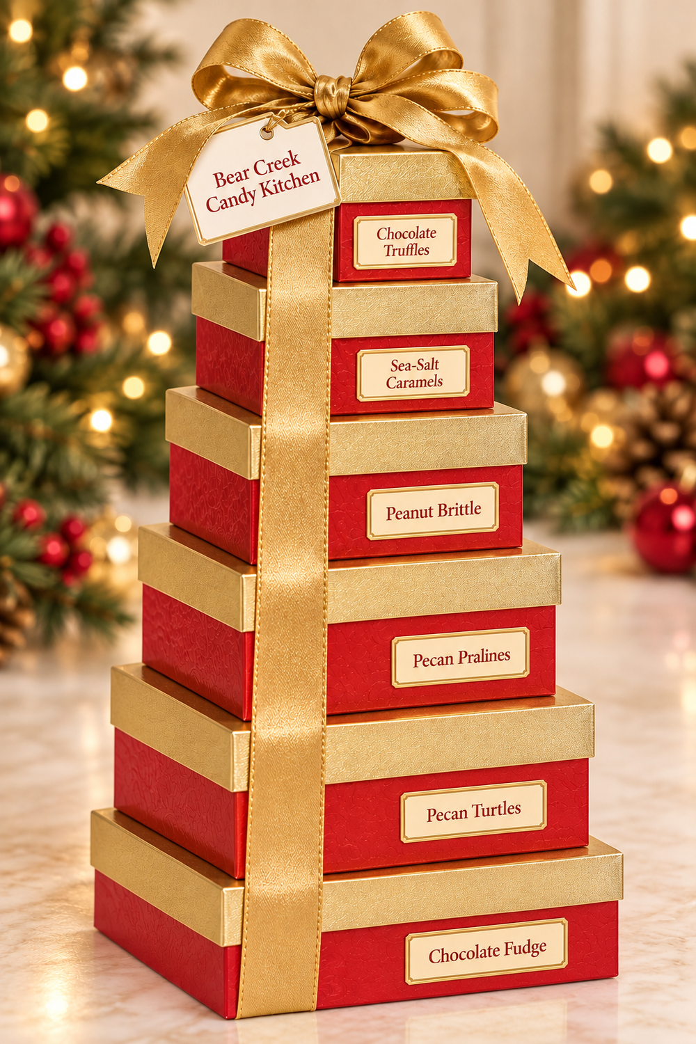 Bear Creek Candy Kitchen six-box red-and-gold holiday gift tower with a gold bow; boxes labeled chocolate truffles, sea-salt caramels, peanut brittle, pecan pralines, pecan turtles, and chocolate fudge.
