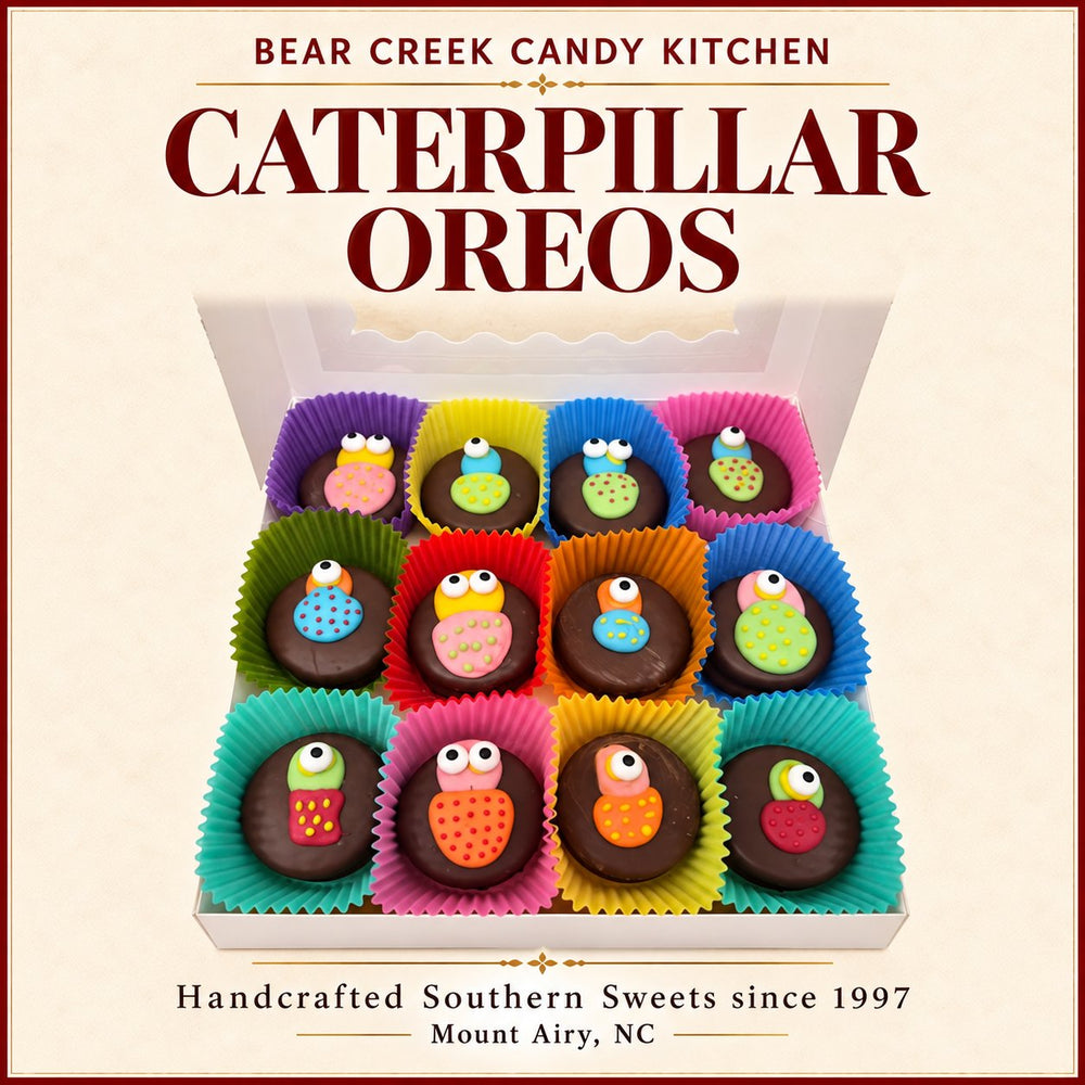 Caterpillars Oreos Hand Decorated Box of 24 — Bear Creek Candy Kitchen product graphic; original product and packaging preserved