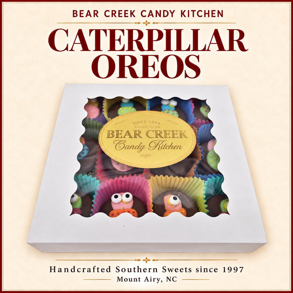 Caterpillars Oreos Hand Decorated Box of 24 — Bear Creek Candy Kitchen product graphic; original product and packaging preserved