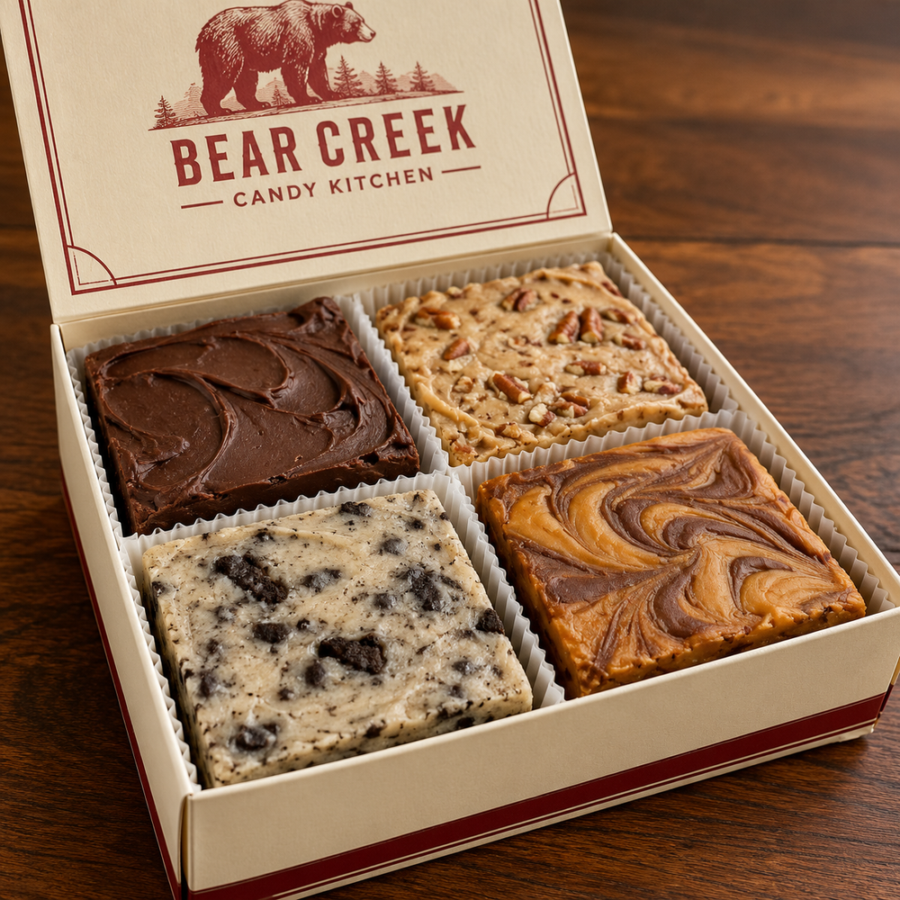 Open Bear Creek fudge gift box with four flavor portions