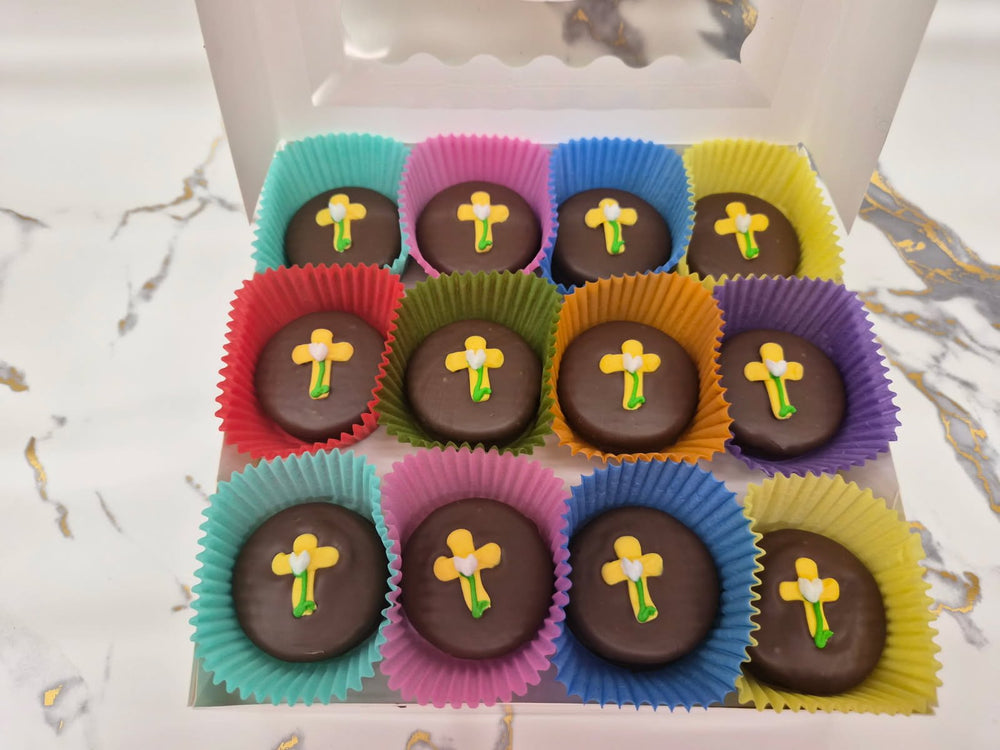 Cross Yellow on Oreo's Hand Decorated box of 24 - Bear Creek Candy Kitchen