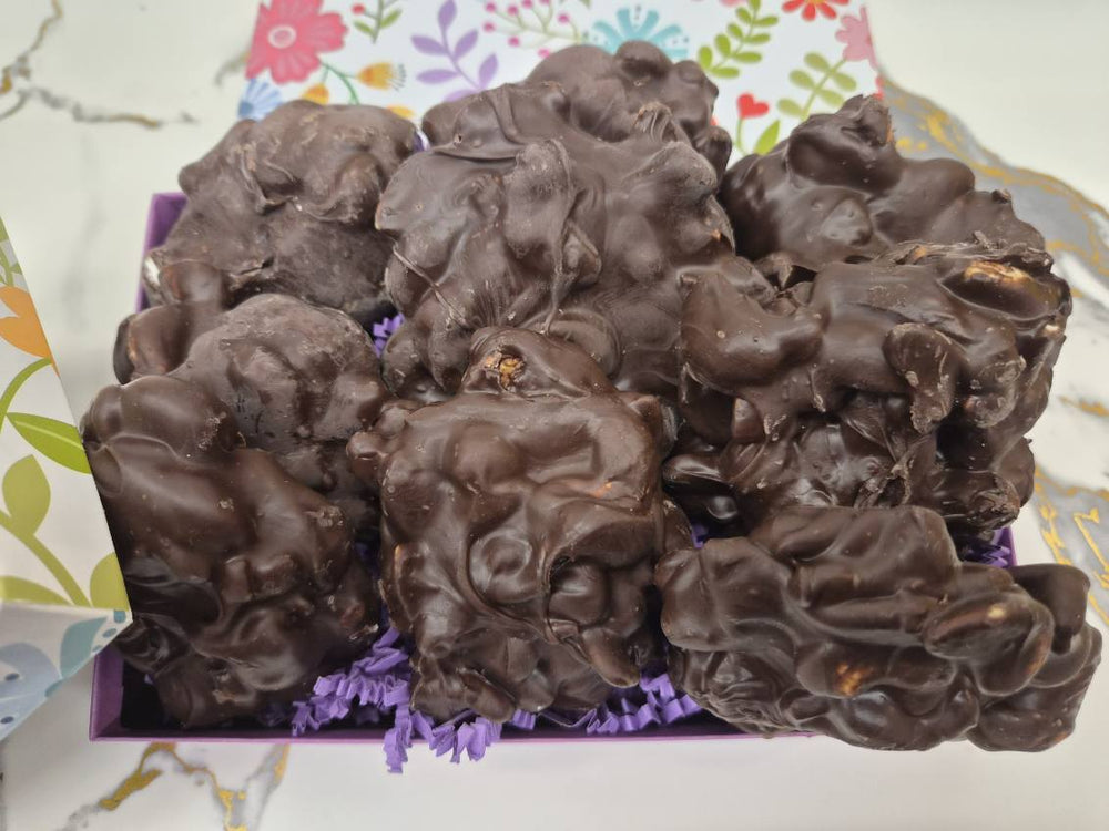 Dark Chocolate Covered Pecan Clusters in SPRING box 9 per box - Bear Creek Candy Kitchen