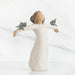 Willow Tree® Brunette girl figurine in whtie dress holding two grey birds on her arms spread out