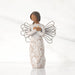 Willow Tree® Front view: angel with wire wings, darker skin, arms crossed over gold heart, dress carved with symbols of remembrance