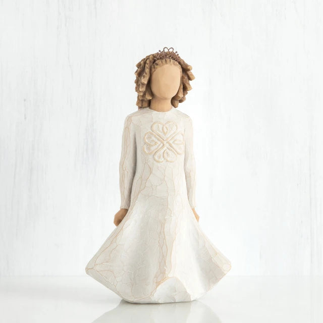 Willow Tree® Faceless girl figurine with brown curly hair wearing white dress facing forward