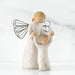 Willow Tree® Mother faceless figurine with blonde hair wearing white dress and has black wire wings - holding baby standing on its feet