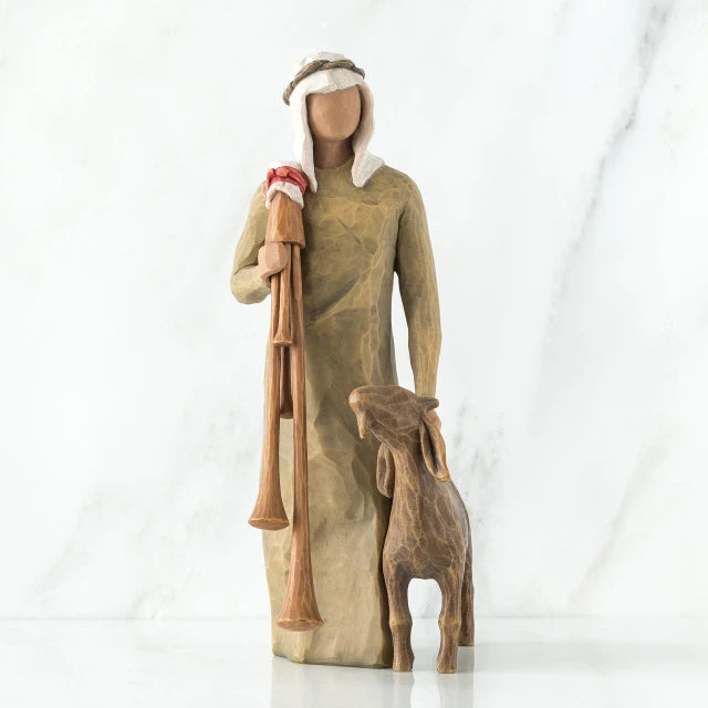 Willow Tree® Wise man figurine standing in light brown attire with white headpiece, brown sheep at his feet