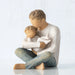 Willow Tree® Front view, seated male figure in cream shirt and blue jeans, holding young child in his arms; child in cream onesie