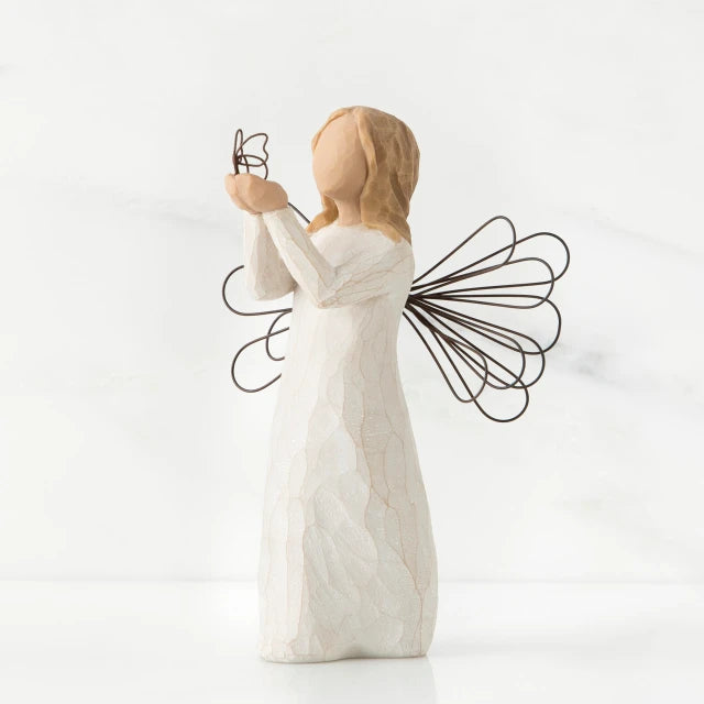 Willow Tree® Angel faceless girl figurine in white dress and black wire wings standing holding hands up