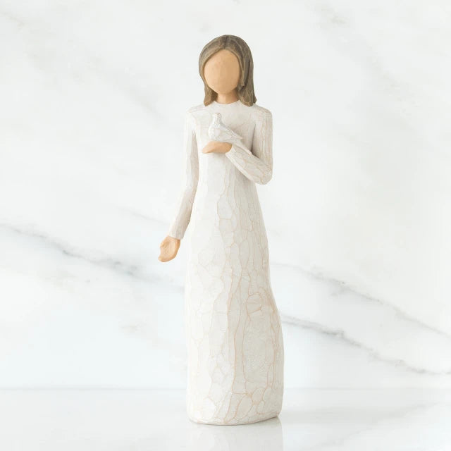Willow Tree® Woman figurine with brown hair in white dress holding white dove