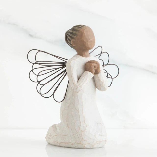 Willow Tree® Faceless young girl figurine kneeling praying in white dress - she has black wire wings