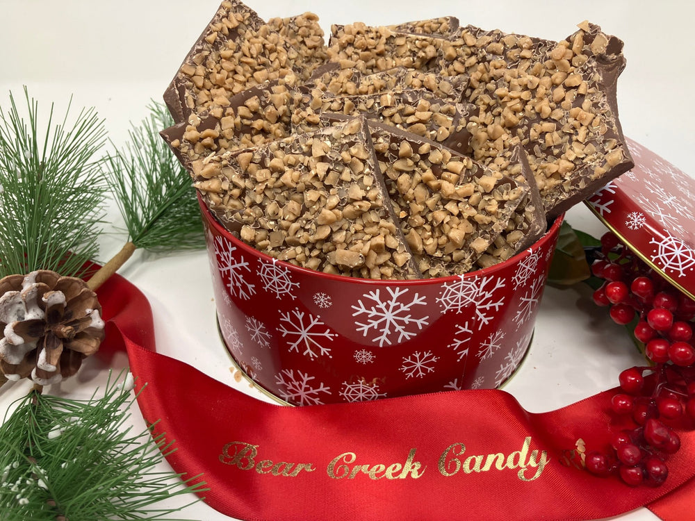 Milk Chocolate Toffee in a Holiday Tin 2 pounds - Bear Creek Candy Kitchen