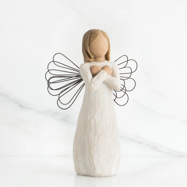 Willow Tree® Young girl faceless angel figurine wearing white dress, black wire wings, and holding arms to her chest