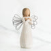 Willow Tree® Young girl faceless angel figurine wearing white dress, black wire wings, and holding arms to her chest