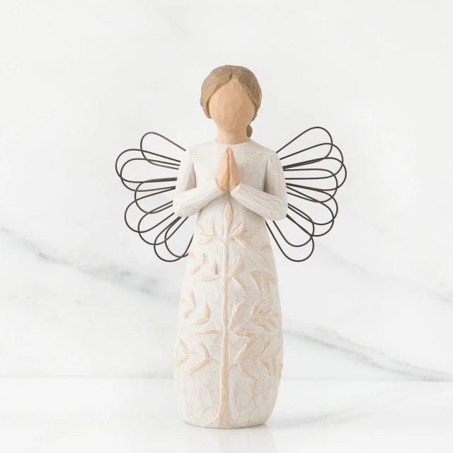 Willow Tree® Faceless woman figurine in white dress with black wire angel wings - her hands are folded in prayer form