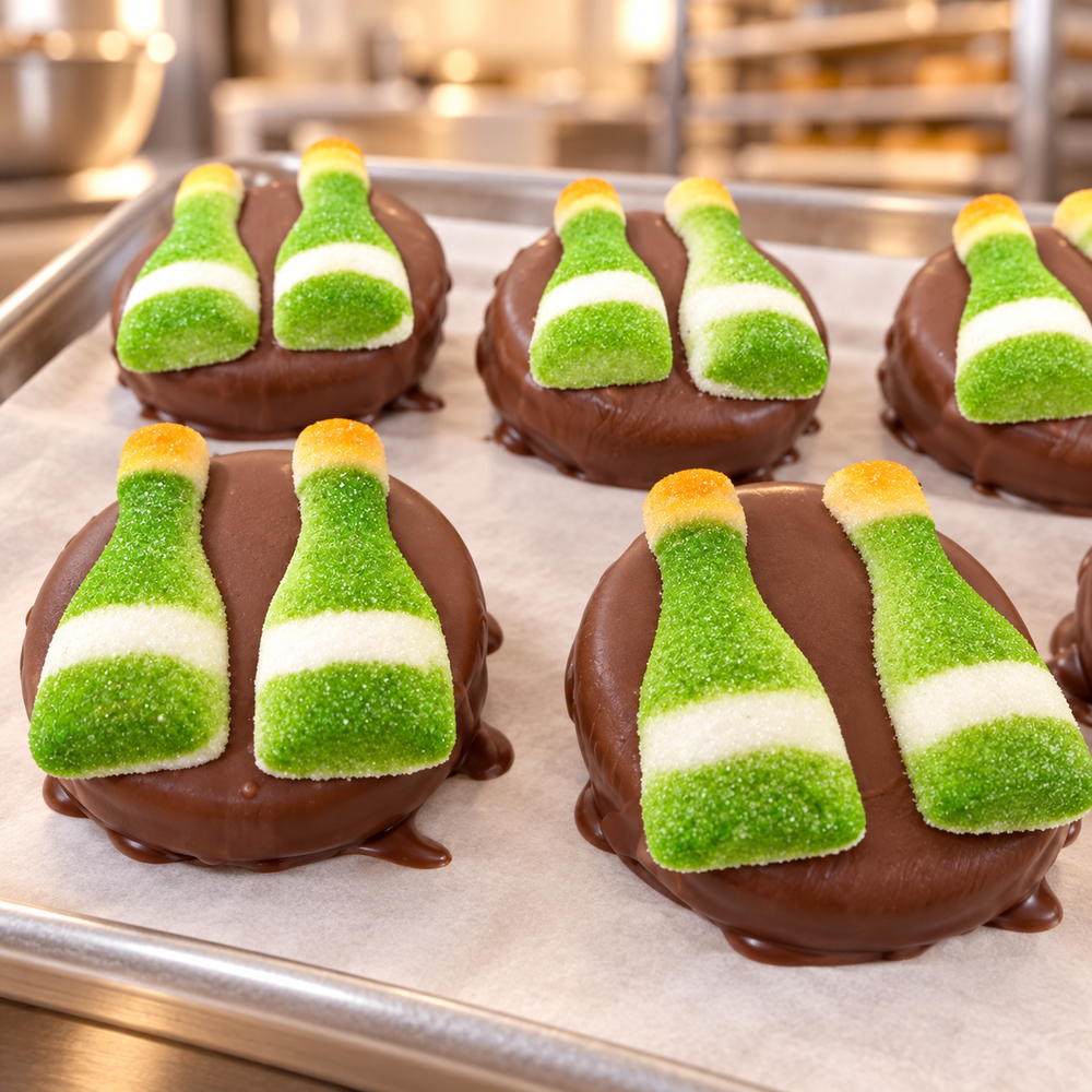 Chocolate Covered Oreo Champagne Bottles Box of 24 in a candy kitchen setting