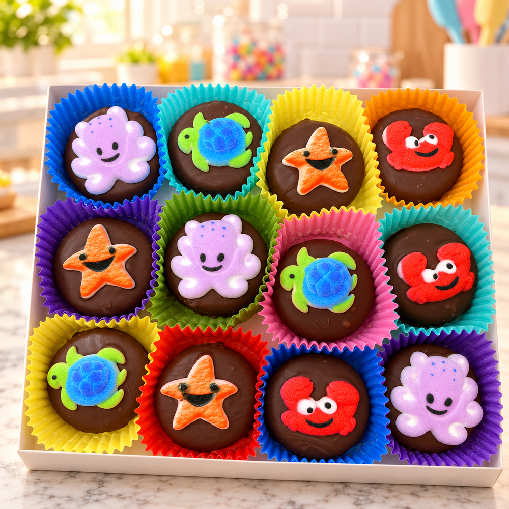 Sea Creatures, Turtles, Star Fish and Octopus Oreos Box of 24 in a candy kitchen setting