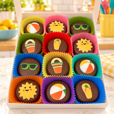 Summer Fun Oreos 24 per box in a candy kitchen setting
