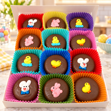 Easter Rabbits and Chicks Oreos 24 per box in a candy kitchen setting