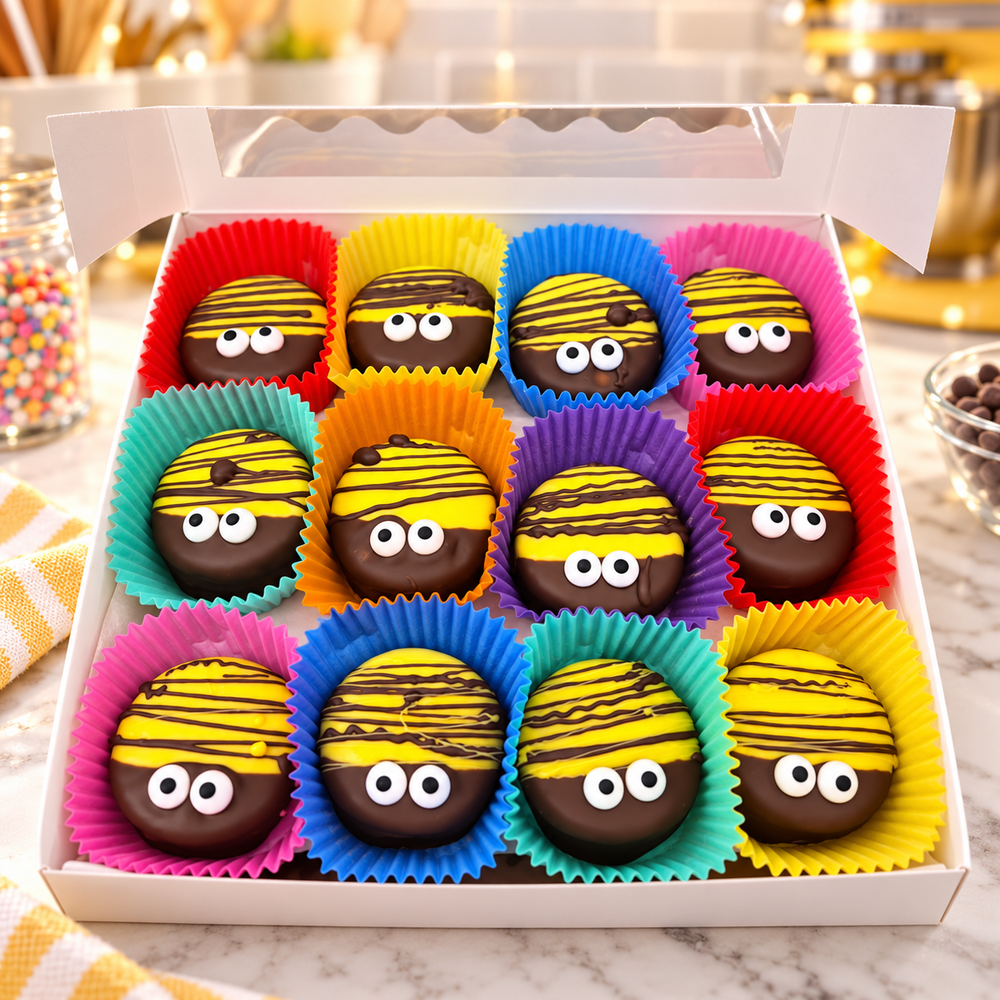 Bee Happy Oreos in a candy kitchen setting