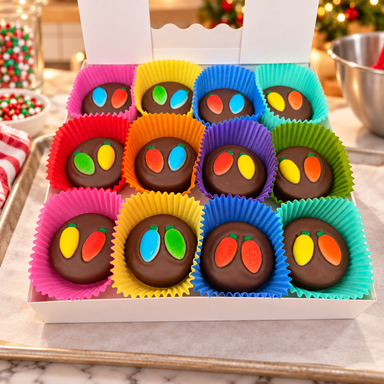 Christmas Light Hand Decorated Oreos Box of 24 in a candy kitchen setting