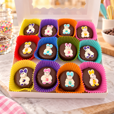 Bunnies on Oreos Hand Decorated Box of 24 in a candy kitchen setting