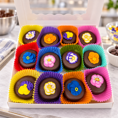 Pansies on Oreos Hand Decorated Box of 24 in a candy kitchen setting