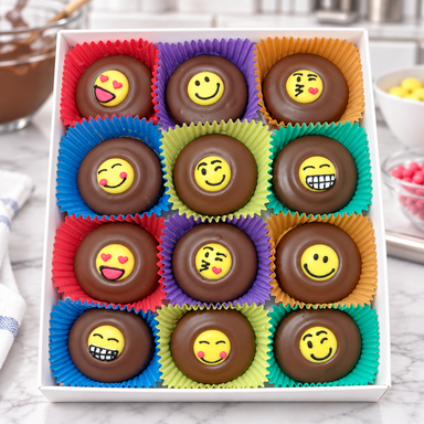 Emoji Oreos, Hand Decorated Box of 24 in a candy kitchen setting