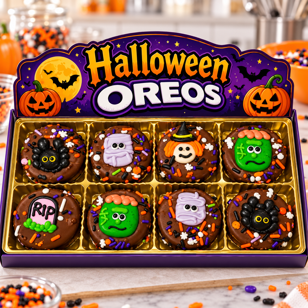 Halloween Hand Decorated Monster Head Oreos Box of 8 in a candy kitchen setting