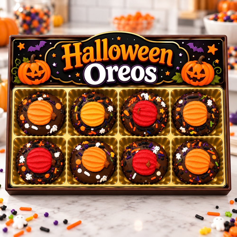 Halloween Hand Decorated Pumpkin Oreos Box of 8 in a candy kitchen setting