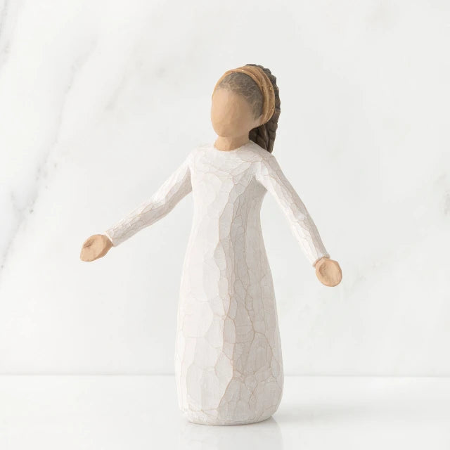 Willow Tree® Young faceless girl figurine standing wearing all white dress with her arms out