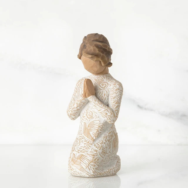 Willow Tree® Small faceless girl figurine wearing white/tan bird design dress, kneeling and praying