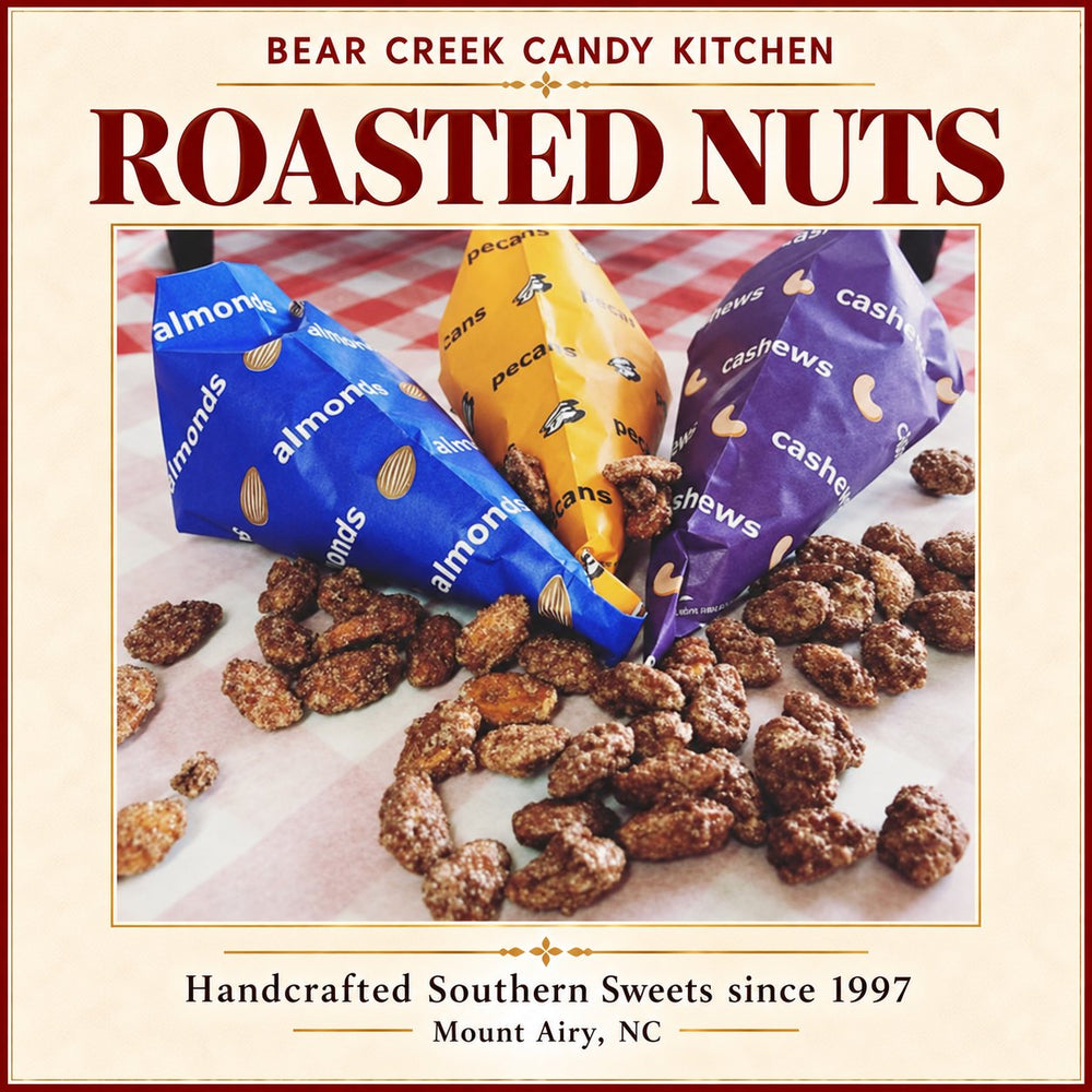 Roasted Nuts — Almonds, Cashews and Pecans — Bear Creek Candy Kitchen gallery graphic; original product, decorations, packaging and view preserved