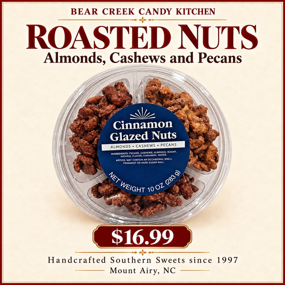 Roasted Nuts — Almonds, Cashews and Pecans — Bear Creek Candy Kitchen product graphic; original product and packaging preserved