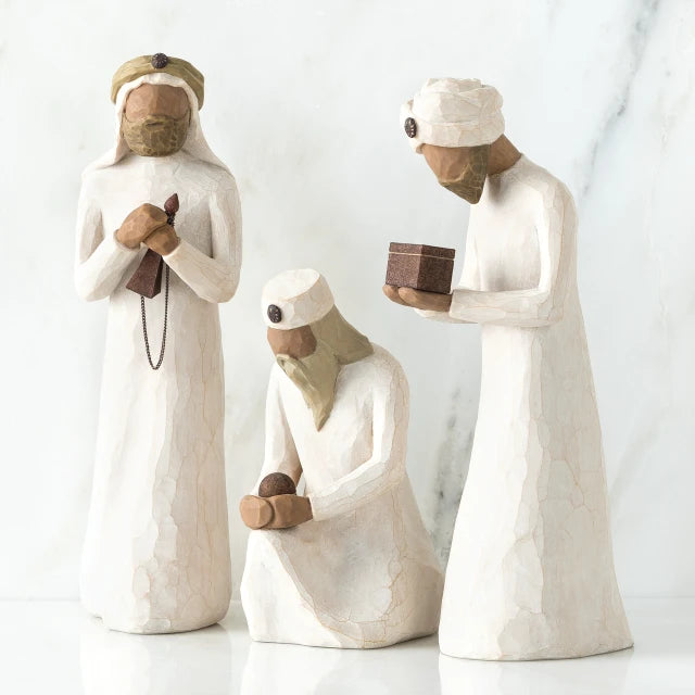 Willow Tree® Set of three wiseman figurines -two are standing - far right one standing is holding brown box - one is sitting in the middle holding a rock