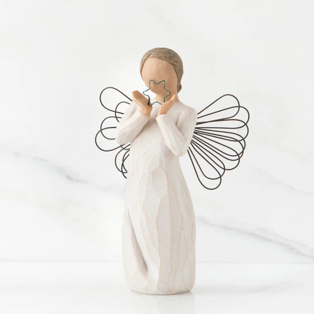 Willow Tree® Small faceless angel girl wearing white dress, wire wings, and holding silver star