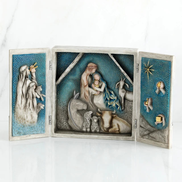 Willow Tree® Open nativity scene book plaque - starry night background with images of figurines around manger scene