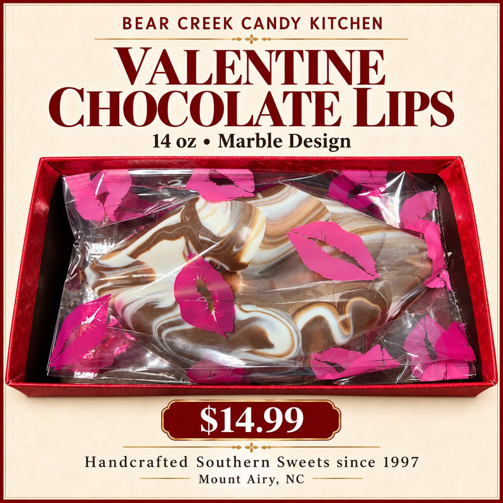 Valentines Chocolate Lips 14oz Marble Design — Bear Creek Candy Kitchen product graphic; original product and packaging preserved
