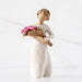 Willow Tree® Front view of standing figure in cream dress holding bouquet of pink tulips