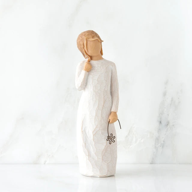 Willow Tree® Young blonde girl figurine standing up wearing white dress and holding brown wire flower