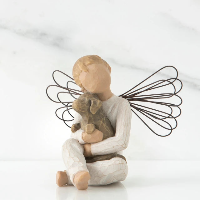 Willow Tree® Smal angel boy faceless figurine sitting hold brown dog - wire wings