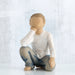 Willow Tree® Small faceless boy figurine sitting with elbow on knee - wearing white shirt and blue jeans