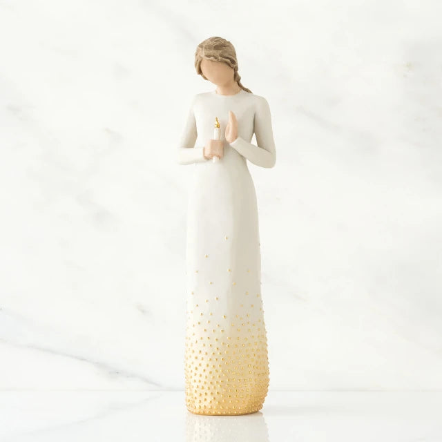 Willow Tree® Brunette girl figurine in white dress holding white candle in one hand